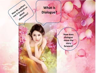 Dialogue
What is it? How do we use it?
What is
Dialogue?
How does
dialogue
move the
story
forward?
 