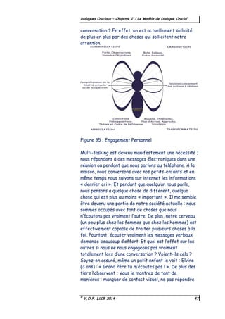 ©
V.O.F. LCCB 2014 47
Dialogues Cruciaux – Chapitre 2 : Le Modèle de Dialogue Crucial
conversation ? En effet, on est actuellement sollicité
de plus en plus par des choses qui sollicitent notre
attention.
Figure 35 : Engagement Personnel
Multi-tasking est devenu manifestement une nécessité ;
nous répondons à des messages électroniques dans une
réunion ou pendant que nous parlons au téléphone. A la
maison, nous conversons avec nos petits-enfants et en
même temps nous suivons sur internet les informations
« dernier cri ». Et pendant que quelqu’un nous parle,
nous pensons à quelque chose de différent, quelque
chose qui est plus au moins « important ». Il me semble
être devenu une partie de notre société actuelle : nous
sommes occupés avec tant de choses que nous
n’écoutons pas vraiment l’autre. De plus, notre cerveau
(un peu plus chez les femmes que chez les hommes) est
effectivement capable de traiter plusieurs choses à la
foi. Pourtant, écouter vraiment les messages verbaux
demande beaucoup d’effort. Et quel est l’effet sur les
autres si nous ne nous engageons pas vraiment
totalement lors d’une conversation ? Voient-ils cela ?
Soyez-en assuré, même un petit enfant le voit : Elvire
(3 ans) : « Grand Père tu m’écoutes pas ! ». De plus des
tiers l’observent ; Vous le montrez de tant de
manières : manquer de contact visuel, ne pas répondre
 