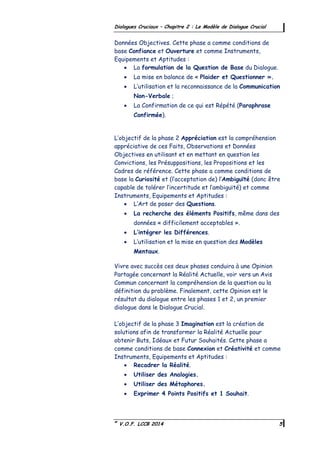©
V.O.F. LCCB 2014 5
Dialogues Cruciaux – Chapitre 2 : Le Modèle de Dialogue Crucial
Données Objectives. Cette phase a comme conditions de
base Confiance et Ouverture et comme Instruments,
Equipements et Aptitudes :
 La formulation de la Question de Base du Dialogue.
 La mise en balance de « Plaider et Questionner ».
 L’utilisation et la reconnaissance de la Communication
Non-Verbale ;
 La Confirmation de ce qui est Répété (Paraphrase
Confirmée).
L’objectif de la phase 2 Appréciation est la compréhension
appréciative de ces Faits, Observations et Données
Objectives en utilisant et en mettant en question les
Convictions, les Présuppositions, les Propositions et les
Cadres de référence. Cette phase a comme conditions de
base la Curiosité et (l’acceptation de) l’Ambiguïté (donc être
capable de tolérer l’incertitude et l’ambiguïté) et comme
Instruments, Equipements et Aptitudes :
 L’Art de poser des Questions.
 La recherche des éléments Positifs, même dans des
données « difficilement acceptables ».
 L’intégrer les Différences.
 L’utilisation et la mise en question des Modèles
Mentaux.
Vivre avec succès ces deux phases conduira à une Opinion
Partagée concernant la Réalité Actuelle, voir vers un Avis
Commun concernant la compréhension de la question ou la
définition du problème. Finalement, cette Opinion est le
résultat du dialogue entre les phases 1 et 2, un premier
dialogue dans le Dialogue Crucial.
L’objectif de la phase 3 Imagination est la création de
solutions afin de transformer la Réalité Actuelle pour
obtenir Buts, Idéaux et Futur Souhaités. Cette phase a
comme conditions de base Connexion et Créativité et comme
Instruments, Equipements et Aptitudes :
 Recadrer la Réalité.
 Utiliser des Analogies.
 Utiliser des Métaphores.
 Exprimer 4 Points Positifs et 1 Souhait.
 