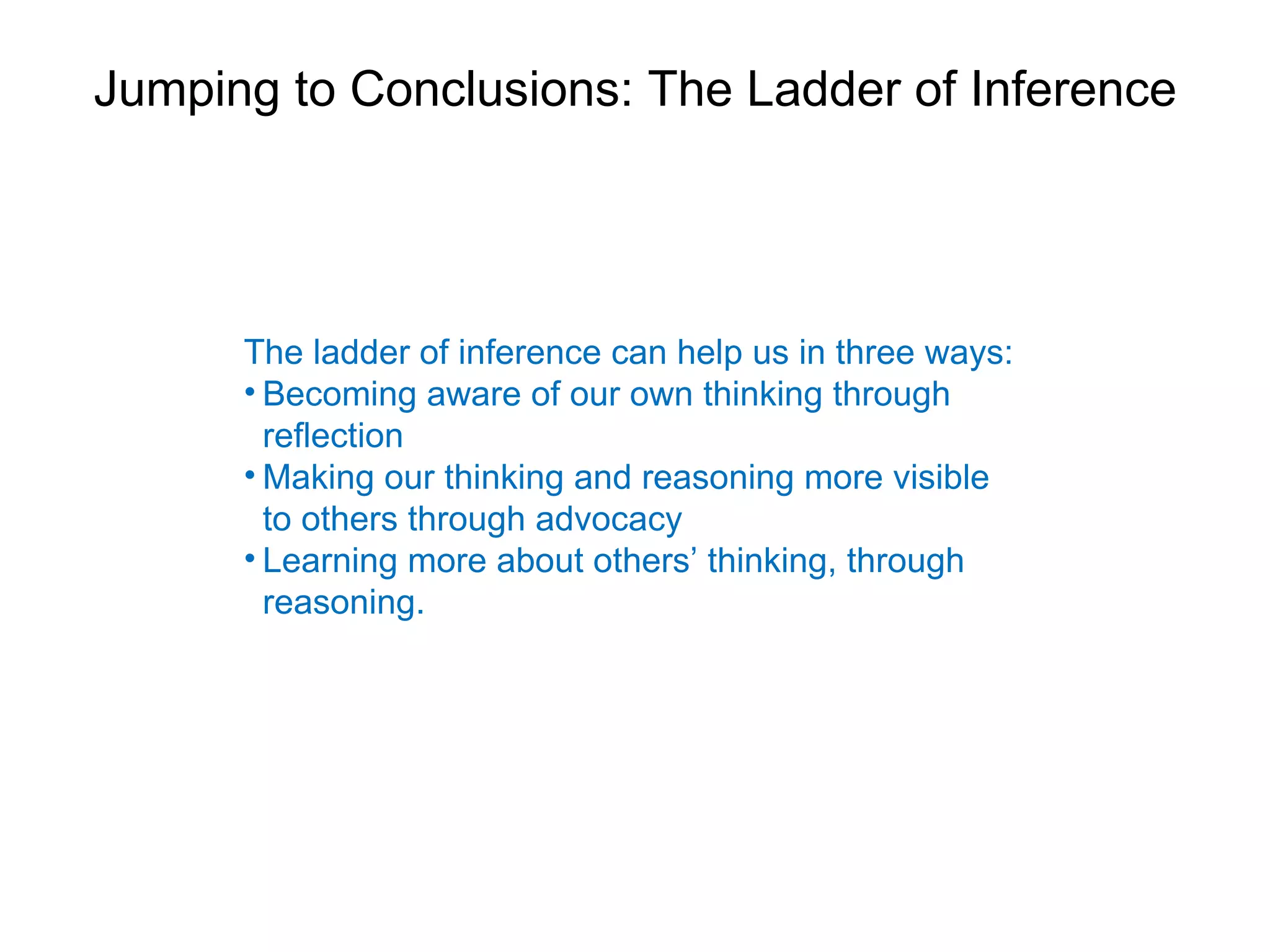 Jumping to Conclusions: The Ladder of Inference




      The ladder of inference can help us in three ways:
      • Becoming aware of our own thinking through
        reflection
      • Making our thinking and reasoning more visible
        to others through advocacy
      • Learning more about others’ thinking, through
        reasoning.
 