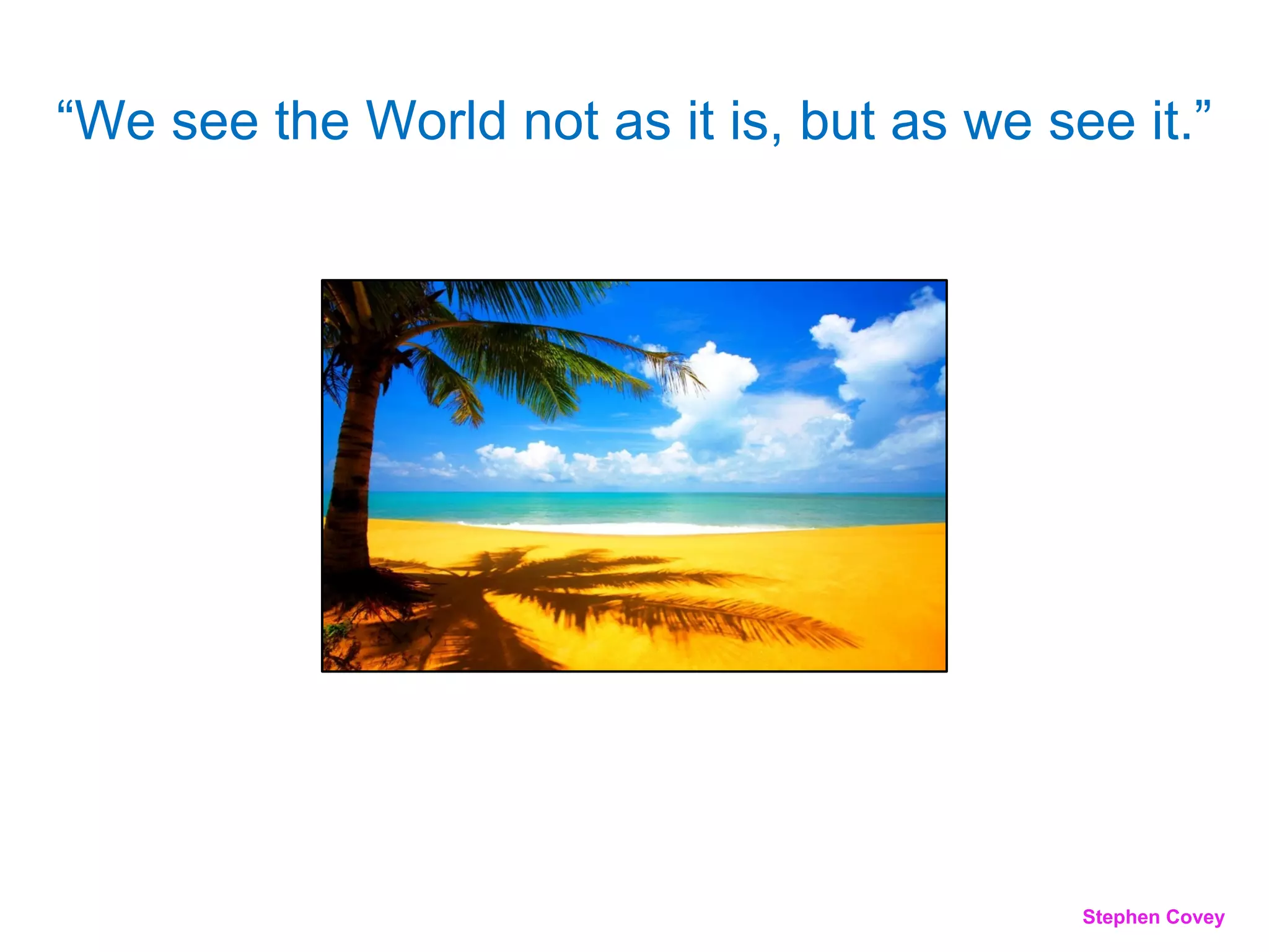 “We see the World not as it is, but as we see it.”




                                            Stephen Covey
 