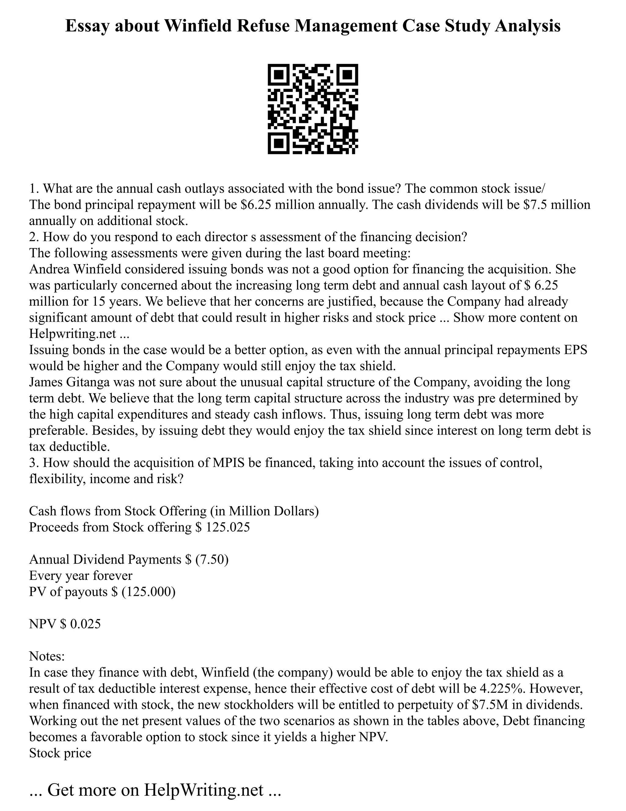 Essay about Winfield Refuse Management Case Study Analysis
1. What are the annual cash outlays associated with the bond issue? The common stock issue/
The bond principal repayment will be $6.25 million annually. The cash dividends will be $7.5 million
annually on additional stock.
2. How do you respond to each director s assessment of the financing decision?
The following assessments were given during the last board meeting:
Andrea Winfield considered issuing bonds was not a good option for financing the acquisition. She
was particularly concerned about the increasing long term debt and annual cash layout of $ 6.25
million for 15 years. We believe that her concerns are justified, because the Company had already
significant amount of debt that could result in higher risks and stock price ... Show more content on
Helpwriting.net ...
Issuing bonds in the case would be a better option, as even with the annual principal repayments EPS
would be higher and the Company would still enjoy the tax shield.
James Gitanga was not sure about the unusual capital structure of the Company, avoiding the long
term debt. We believe that the long term capital structure across the industry was pre determined by
the high capital expenditures and steady cash inflows. Thus, issuing long term debt was more
preferable. Besides, by issuing debt they would enjoy the tax shield since interest on long term debt is
tax deductible.
3. How should the acquisition of MPIS be financed, taking into account the issues of control,
flexibility, income and risk?
Cash flows from Stock Offering (in Million Dollars)
Proceeds from Stock offering $ 125.025
Annual Dividend Payments $ (7.50)
Every year forever
PV of payouts $ (125.000)
NPV $ 0.025
Notes:
In case they finance with debt, Winfield (the company) would be able to enjoy the tax shield as a
result of tax deductible interest expense, hence their effective cost of debt will be 4.225%. However,
when financed with stock, the new stockholders will be entitled to perpetuity of $7.5M in dividends.
Working out the net present values of the two scenarios as shown in the tables above, Debt financing
becomes a favorable option to stock since it yields a higher NPV.
Stock price
... Get more on HelpWriting.net ...
 