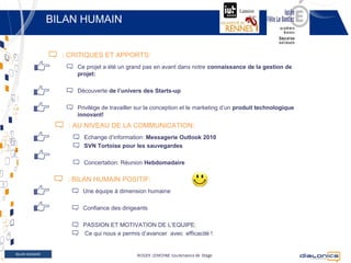 BILAN HUMAIN


                    : CRITIQUES ET APPORTS:
                       Ce projet a été un grand pas en avant dans notre connaissance de la gestion de
                       projet:

                       Découverte de l’univers des Starts-up

                       Privilège de travailler sur la conception et le marketing d’un produit technologique
                       innovant!
                     : AU NIVEAU DE LA COMMUNICATION:
                         Echange d’information: Messagerie Outlook 2010
                         SVN Tortoise pour les sauvegardes

                         Concertation: Réunion Hebdomadaire

                     : BILAN HUMAIN POSITIF:
                         Une équipe à dimension humaine

                         Confiance des dirigeants

                         PASSION ET MOTIVATION DE L’EQUIPE:
                         Ce qui nous a permis d’avancer avec efficacité !
BILAN TECHNIQUE


 BILAN HUMAIN
       16                                      Copyright © 2012 Dialonics SAS ▪ All rights reserved
 