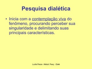 Pesquisa dialética Inicia com a  contemplação viva  do fenômeno, procurando perceber sua singularidade e delimitando suas principais características. 