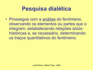 Pesquisa dialética Prossegue com a  análise  do fenômeno, observando os elementos ou partes que o integram, estabelecendo relações sócio-históricas e, se necessário, determinando os traços quantitativos do fenômeno. 