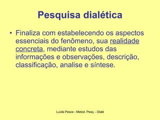 Pesquisa dialética Finaliza com estabelecendo os aspectos essenciais do fenômeno, sua  realidade concreta , mediante estudos das informações e observações, descrição, classificação, analise e síntese. 