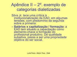 Apêndice II – 2º. exemplo de categorias dialetizadas Silva Jr. tece uma crítica à institucionalização da EAD, em algumas tensões, com predomínio da segunda sobre a primeira: Salários x capitalização / formação : a EAD tem situado a capacitação como elemento-chave à formação do profissional produtivo. De qualidade subjetiva, passa a ser uma propriedade objetiva do ser social.  