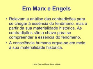 Em Marx e Engels Relevam a análise das contradições para se chegar à essência do fenômeno, mas a partir da sua materialidade histórica. As contradições são a chave para se compreender a essência do fenômeno. A consciência humana ergue-se em meio à sua materialidade histórica. 