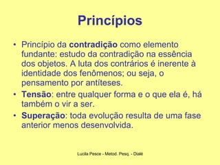 Princípios Princípio da  contradição  como elemento fundante: estudo da contradição na essência dos objetos. A luta dos contrários é inerente à identidade dos fenômenos; ou seja, o pensamento por antíteses. Tensão : entre qualquer forma e o que ela é, há também o vir a ser. Superação : toda evolução resulta de uma fase anterior menos desenvolvida. 
