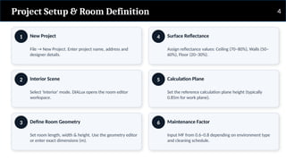 Project Setup & Room Definition
1 New Project
File → New Project. Enter project name, address and
designer details.
2 Interior Scene
Select 'Interior' mode. DIALux opens the room editor
workspace.
3 Define Room Geometry
Set room length, width & height. Use the geometry editor
or enter exact dimensions (m).
4 Surface Reflectance
Assign reflectance values: Ceiling (70–80%), Walls (50–
60%), Floor (20–30%).
5 Calculation Plane
Set the reference calculation plane height (typically
0.85m for work plane).
6 Maintenance Factor
Input MF from 0.6–0.8 depending on environment type
and cleaning schedule.
4
 