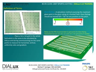 BS EN 12193: 2007 SPORTS LIGHTING | DIALux 4.12 TRAINING
Michael T. Santiago | REE.AILP.MIES
DIALux Authorized Trainer, Certificate No.: 2013029
BS EN 12193: 2007 SPORTS LIGHTING | DIALux 4.12 TRAINING
Definition of Terms
Glare Rating – A calculation method assessing the maximum
glare point is the glare rating of a football field. Glare Ratings
should not exceed GR = "50" for any position on the pitch.
Grid Points – Place a 5m x 5m grid in the whole
field which is the same to be calculated by
DIALux and during commissioning are the same
points to measure for horizontal, vertical,
uniformity ratio and gradient.
Ideal Acceptable Unbearable
Below are the FIFA recommended 11 grid points for Glare Rating
Assessment but you can also use same 5m x 5m grid points if needed.
 