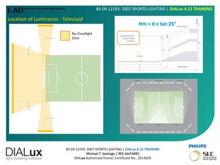 BS EN 12193: 2007 SPORTS LIGHTING | DIALux 4.12 TRAINING
Michael T. Santiago | REE.AILP.MIES
DIALux Authorized Trainer, Certificate No.: 2013029
BS EN 12193: 2007 SPORTS LIGHTING | DIALux 4.12 TRAINING
Location of Luminaires - Televised
Hm = d x tan 25°
No-Floodlight
Zone
 