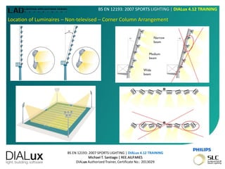 BS EN 12193: 2007 SPORTS LIGHTING | DIALux 4.12 TRAINING
Michael T. Santiago | REE.AILP.MIES
DIALux Authorized Trainer, Certificate No.: 2013029
BS EN 12193: 2007 SPORTS LIGHTING | DIALux 4.12 TRAINING
Location of Luminaires – Non-televised – Corner Column Arrangement
 