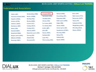 BS EN 12193: 2007 SPORTS LIGHTING | DIALux 4.12 TRAINING
Michael T. Santiago | REE.AILP.MIES
DIALux Authorized Trainer, Certificate No.: 2013029
BS EN 12193: 2007 SPORTS LIGHTING | DIALux 4.12 TRAINING
Federation and Associations
 