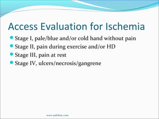 Access Evaluation for Ischemia
Stage I, pale/blue and/or cold hand without pain
Stage II, pain during exercise and/or HD
Stage III, pain at rest
Stage IV, ulcers/necrosis/gangrene
www.radclinic.com
 