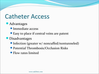 Catheter Access
Advantages
Immediate access
Easy to place if central veins are patent
Disadvantages
Infection (greater w/ noncuffed/nontunneled)
Potential Thrombosis/Occlusion Risks
Flow rates limited
www.radclinic.com
 