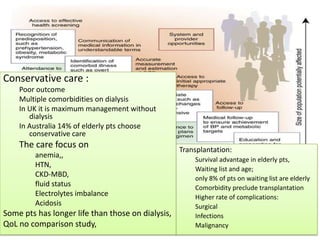 Transplantation:
Survival advantage in elderly pts,
Waiting list and age;
only 8% of pts on waiting list are elderly
Comorbidity preclude transplantation
Higher rate of complications:
Surgical
Infections
Malignancy
Conservative care :
Poor outcome
Multiple comorbidities on dialysis
In UK it is maximum management without
dialysis
In Australia 14% of elderly pts choose
conservative care
The care focus on
anemia,,
HTN,
CKD-MBD,
fluid status
Electrolytes imbalance
Acidosis
Some pts has longer life than those on dialysis,
QoL no comparison study,
 