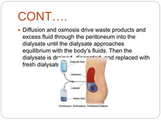 CONT….
 Diffusion and osmosis drive waste products and
excess fluid through the peritoneum into the
dialysate until the dialysate approaches
equilibrium with the body's fluids. Then the
dialysate is drained, discarded, and replaced with
fresh dialysate.
 