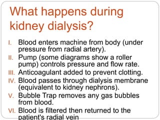 What happens during
kidney dialysis?
I. Blood enters machine from body (under
pressure from radial artery).
II. Pump (some diagrams show a roller
pump) controls pressure and flow rate.
III. Anticoagulant added to prevent clotting.
IV. Blood passes through dialysis membrane
(equivalent to kidney nephrons).
V. Bubble Trap removes any gas bubbles
from blood.
VI. Blood is filtered then returned to the
patient's radial vein
 