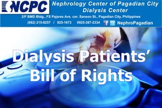 Nephrology Center of Pagadian City
Dialysis Center
2/F BMD Bldg., FS Pajares Ave. cor. Sanson St., Pagadian City, Philippines
(062) 215-8257 / 925-1673 0925-387-2334 NephroPagadian
 