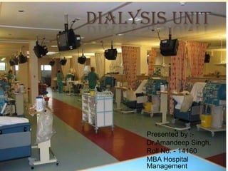DIALYSIS UNIT




      Presented by :-
      Dr.Amandeep Singh,
      Roll No. - 14160
      MBA Hospital
      Management
 
