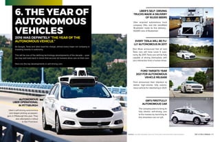 16 | PETER DIAMANDIS TOP 10 TECH TRENDS | 17
6. THE YEAR OF
AUTONOMOUS
VEHICLES
As Google, Tesla and Uber lead the charge, almost every major car company is
investing heavily in autonomy.
This will be one of the defining technology developments of the decade -- soon
we may well look back in shock that we ever let humans drive cars on their own.
Here are the top developments in self-driving cars:
2016 WAS DEFINITELY “THE YEAR OF THE
AUTONOMOUS VEHICLE.”
AUTONOMOUS
UBER OPERATIONAL
IN PITTSBURGH
Uber's self-driving autonomous
cars began picking up passen-
gers in Pittsburgh this year. They
also attempted a rollout
in San Francisco.
UBER’S SELF- DRIVING
TRUCKS MADE A DELIVERY
OF 50,000 BEERS
Uber acquired autonomous truck
company Otto, and the retrofitted
18-wheeler made its first delivery…
50,000 cans of Budweiser.
EVERY TESLA WILL BE FU-
LLY AUTONOMOUS IN 2017
Elon Musk announced that all new
Tesla cars will have Level 5 auto-
nomy. By 2017, Tesla cars will be fully
capable of driving themselves with
zero interaction from a human driver.
FORD TARGETS YEAR
2021 FOR AUTONOMOUS
VEHICLE RELEASE
Ford announced their intention to
deliver high-volume, fully autono-
mous vehicle for ridesharing in 2021.
GM’S FIRSTFULLY
AUTONOMOUS CAR
The company plans to bring its
fully electric self-driving cars
to the masses by launching its
first driverless cars on Lyft.
PHOTOS» p.16: Uber Pittsburgh–Uber | p.17: Truck–Otto | Ford–Ford | GM–Cruise Automation
 