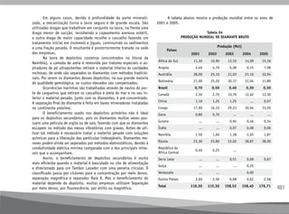 401
	 Em alguns casos, devido à profundidade da parte minerali-
zada, a mecanização torna a lavra segura e de grande escala. São
utilizadas dragas que trabalham em conjunto na lavra, na frente uma
draga menor de sucção, recolhendo o capeamento arenoso estéril,
e outra draga de maior capacidade recolhe o cascalho fazendo um
tratamento inicial em trommels e jigues, cominuindo os sedimentos
a uma fração pesada. O resultante é posteriormente tratado na sede
das empresas.
	 Na lavra de depósitos costeiros (encontrados no litoral da
Namíbia), a camada de areia é removida por tratores especiais e as-
piradores de pó ultrapotentes retiram o material interno às cavidades
rochosas, de onde são separados os diamantes com métodos tradicio-
nais. Por serem os diamantes desses depósitos, na sua grande maioria
de qualidade gemológica, os custos elevados são compensados.
	 Ocorrências marinhas são trabalhadas através de navios do por-
te de cargueiros que retiram os cascalhos e areia do mar e no seu in-
terior o material pesado, junto com os diamantes, é pré-concentrado.
A separação final do diamante é feita em bases mineradoras instaladas
no continente próximo.
	 O beneficiamento usado nos depósitos primários não é ideal
para os depósitos secundários, pois os diamantes muitas vezes pos-
suem uma película de argila ou de sais, fazendo com que os diamantes
escapem no método das mesas vibratórias com graxas. Antes de uti-
lizar tal método é necessário tratar o material pesado com soluções
químicas para a liberação das partículas indesejáveis. Diamantes me-
nores podem ainda ser separados por métodos eletrostáticos, devido á
condutividade elétrica mínima comparada com a dos principais mine-
rais que o acompanham.
	 Assim, o beneficiamento de depósitos secundários é muito
mais eficiente quando o material é basculado no silo de alimentação
e direcionado para um Tambor Lavador com uma peneira circular. O
classificado passa por ciclones para a concentração por meio denso,
separação magnética e separador Raio X. Mas o beneficiamento do
material depende do depósito, muitas empresas utilizam Separação
por meio denso, por fluorescência, por atrito ou magnética.
	 A tabela abaixo mostra a produção mundial entre os anos de
2001 e 2005.
Tabela 04
Produção Mundial de Diamante bruto
Países
Produção (Mct)
2001 2002 2003 2004 2005
África do Sul 11,30 10,90 12,52 14,09 15,56
Angola 4,40 4,70 6,06 6,15 7,08
Austrália 28,00 25,10 31,03 21,16 32,94
Botswana 21,00 25,20 30,37 31,04 31,89
Brasil 0,70 0,50 0,40 0,30 0,30
Canadá 2,30 2,70 10,76 12,62 12,30
China 1,10 1,25 1,25 ... 0,07
Congo 17,90 16,10 29,23 30,04 33,05
Gana 0,80 0,70 ... ...  ... 
Guiana ... ... 0,94 0,46 0,34
Índia ... ... 0,07 0,08 0,06
Namíbia 1,50 1,60 1,38 2,05 1,87
Rússia 23,30 23,80 33,02 38,87 38,00
República da
África Central
0,40 0,25 ...    
Serra Leoa ... ... 0,51 0,69 0,67
Suíça ... ... ... 0,25  
Venezuela ... ...   0,00  
Outros Países 3,60 2,50 0,98 0,62 2,58
Total 116,30 115,30 158,52 158,40 176,71
 