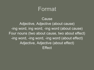 Format
Cause
Adjective, Adjective (about cause)
-ing word, ing word, -ing word (about cause)
Four nouns (two about cause, two about effect)
-ing word, -ing word, -ing word (about effect)
Adjective, Adjective (about effect)
Effect
 