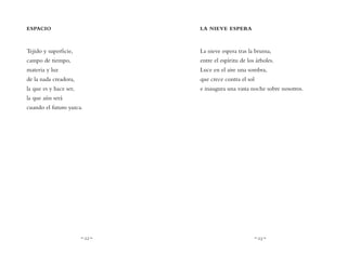 ~ 22 ~ ~ 23 ~
LA NIEVE ESPERA
La nieve espera tras la bruma,
entre el espíritu de los árboles.
Luce en el aire una sombra,
que crece contra el sol
e inaugura una vasta noche sobre nosotros.
ESPACIO
Tejido y superficie,
campo de tiempo,
materia y luz
de la nada creadora,
la que es y hace ser,
la que aún será
cuando el futuro yazca.
 