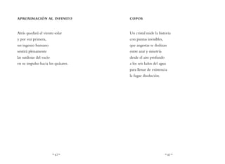 ~ 42 ~ ~ 43 ~
COPOS
Un cristal mide la historia
con puntas invisibles,
que angostas se deslizan
entre azar y simetría
desde el aire profundo
a los seis lados del agua
para llenar de existencia
la fugaz disolución.
APROXIMACIÓN AL INFINITO
Atrás quedará el viento solar
y por vez primera,
un ingenio humano
sentirá plenamente
las sutilezas del vacío
en su impulso hacia los quásares.
 