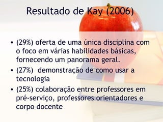 Resultado de Kay (2006)
• (29%) oferta de uma única disciplina com
o foco em várias habilidades básicas,
fornecendo um panorama geral.
• (27%) demonstração de como usar a
tecnologia
• (25%) colaboração entre professores em
pré-serviço, professores orientadores e
corpo docente
 