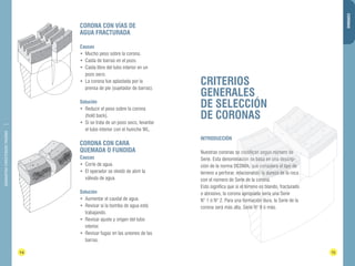 DIAMANTINA CHRISTENSEN TRADING 
CRITERIOS 
GENERALES 
DE SELECCIÓN 
DE CORONAS 
ción descrip- 
14 15 
CORONAS 
CORONA CON VÍAS DE 
AGUA FRACTURADA 
Causas 
• Mucho peso sobre la corona. 
• Caída de barras en el pozo. 
• Caída libre del tubo interior en un 
pozo seco. 
• La corona fue aplastada por la 
prensa de pie (sujetador de barras). 
Solución 
• Reducir el peso sobre la corona 
(hold back). 
• Si se trata de un pozo seco, levantar 
el tubo interior con el huinche WL. 
CORONA CON CARA 
QUEMADA O FUNDIDA 
Causas 
• Corte de agua. 
• El operador se olvidó de abrir la 
válvula de agua. 
Solución 
• Aumentar el caudal de agua. 
• Revisar si la bomba de agua está 
trabajando. 
• Revisar ajuste y origen del tubo 
interior. 
• Revisar fugas en las uniones de las 
barras. 
INTRODUCCIÓN 
Nuestras coronas se clasifican según número de 
Serie. Esta denominación se basa en una descrip-ción 
de la norma DCDMA, que considera el tipo de 
terreno a perforar, relacionando la dureza de la roca 
con el número de Serie de la corona. 
Esto significa que si el terreno es blando, fracturado 
o abrasivo, la corona apropiada sería una Serie 
N° 1 ó N° 2. Para una formación dura, la Serie de la 
corona será más alta, Serie N° 9 ó más. 
 