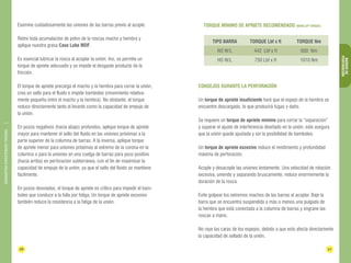26 27 
BARRAS DE 
PERFORACIÓN 
DIAMANTINA CHRISTENSEN TRADING 
CONSEJOS DURANTE LA PERFORACIÓN 
Un torque de apriete insuficiente hará que el espejo de la hembra se 
encuentre descargado, lo que producirá fugas y daño. 
Se requiere un torque de apriete mínimo para cerrar la “separación” 
y superar el ajuste de interferencia diseñado en la unión; este asegura 
que la unión quede ajustada y sin la posibilidad de bamboleo. 
Un torque de apriete excesivo reduce el rendimiento y profundidad 
máxima de perforación. 
Acople y desacople las uniones lentamente. Una velocidad de rotación 
excesiva, uniendo y separando bruscamente, reduce enormemente la 
duración de la rosca. 
Evite golpear los extremos machos de las barras al acoplar. Baje la 
barra que se encuentra suspendida a más o menos una pulgada de 
la hembra que está conectada a la columna de barras y engrane las 
roscas a mano. 
No raye las caras de los espejos, debido a que esto afecta directamente 
la capacidad de sellado de la unión. 
Examine cuidadosamente las uniones de las barras previo al acople. 
Retire toda acumulación de polvo de la roscas macho y hembra y 
aplique nuestra grasa Case Lube MDF. 
Es esencial lubricar la rosca al acoplar la unión. Así, se permite un 
torque de apriete adecuado y se impide el desgaste producto de la 
fricción. 
El torque de apriete precarga el macho y la hembra para cerrar la unión, 
crea un sello para el fluido e impide bamboleo (movimiento relativa-mente 
pequeño entre el macho y la hembra). No obstante, el torque 
reduce directamente tanto el levante como la capacidad de empuje de 
la unión. 
En pozos negativos (hacia abajo) profundos, aplique torque de apriete 
mayor para mantener el sello del fluido en las uniones próximas a la 
parte superior de la columna de barras. A la inversa, aplique torque 
de apriete menor para uniones próximas al extremo de la corona en la 
columna o para la uniones en una cuelga de barras para pozo positivo 
(hacia arriba) en perforación subterránea, con el fin de maximizar la 
capacidad de empuje de la unión, ya que el sello del fluido se mantiene 
fácilmente. 
En pozos desviados, el torque de apriete es crítico para impedir el bam-boleo 
que conduce a la falla por fatiga. Un torque de apriete excesivo 
también reduce la resistencia a la fatiga de la unión. 
TORQUE MÍNIMO DE APRIETE RECOMENDADO (MAKE-UP TORQUE) 
TIPO BARRA TORQUE Lbf x ft TORQUE Nm 
NO W/L 442 Lbf x ft 600 Nm 
HO W/L 750 Lbf x ft 1010 Nm 
 