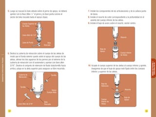 Resorte 
52 53 
KIT DE POZO SECO 
Y VÁLVULA DE CIERRE 
DIAMANTINA CHRISTENSEN TRADING 
5. Luego se roscará la bola válvula sobre el perno de apoyo, se deberá 
apretar con la llave Allen ¼” el perno y la llave punta corona el 
sector de bola roscada hasta el apoyo (tope). 
6. Deslice la cubierta de retracción sobre el cuerpo de las aletas de 
modo que el fondo exterior quede sobre el apoyo del cuerpo de las 
aletas, alinear los dos agujeros de los pernos por el extremo de la 
cubierta de retracción con el sostenedor y apretar con llave allen 
3/16”. Deslice el conjunto de retención de fluido bola/tornillo hacia 
arriba y abajo en la aleta superior para asegurar su libre recorrido. 
7. Instale los componentes de las articulaciones y de la cabeza punta 
de lanza. 
8. Instale el resorte de color correspondiente a la profundidad en el 
asiento del cuerpo inferior de las aletas. 
9. Instale el buje de acero sobre el resorte, sector centro. 
10. Acople el cuerpo superior de las aletas al cuerpo inferior y apriete. 
Asegúrese de que el buje de apoyo esté fijado entre los cuerpos 
inferior y superior de las aletas. 
Cuerpo Superior de 
las Aletas 
Llave Allen de 1/4'' 
Llave de Punta Bola 
Roscada 
Buje de 
Apoyo 
Resorte 
Cuerpo inferior 
de Aletas 
Cubierta de 
Retracción 
Tornillo 
Tornillo 
Apoya 
Cuerpo Aleta 
Llave Allen de 3/16'' 
Bola 
Roscada 
Buje de 
Retención 
Cuerpo 
Inferior de 
Aletas 
Buje de 
Apoyo 
 