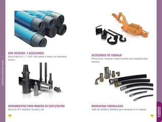 68 69 
ACCESORIOS & 
HERRAMIENTAS 
DIAMANTINA CHRISTENSEN TRADING 
Aire reverso y accesorios 
Barras Faber de 4 ½” x 6mt. Tubo exterior e interior con tratamiento 
térmico. 
herramientas para minería de explotación 
Barras de DTH, adaptores, barrotes y bits. 
ACCESORIOS DE SONDAJE 
Prenza de pie, mordazas y llaves circulares para manipular tubos 
interiores. 
Mangueras hidrÁulicas 
Todas las medidas y diámetros para reemplazar en su máquina. 
 