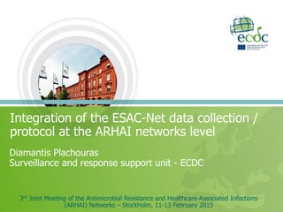 Integration of the ESAC-Net data collection /
protocol at the ARHAI networks level
Diamantis Plachouras
Surveillance and response support unit - ECDC
3rd Joint Meeting of the Antimicrobial Resistance and Healthcare-Associated Infections
(ARHAI) Networks – Stockholm, 11-13 February 2015
 