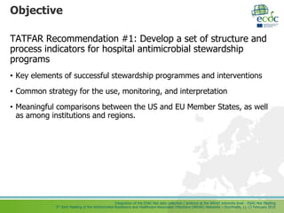 Integration of the ESAC-Net data collection / protocol at the ARHAI networks level - ESAC-Net Meeting
3rd Joint Meeting of the Antimicrobial Resistance and Healthcare-Associated Infections (ARHAI) Networks – Stockholm, 11-13 February 2015
Objective
TATFAR Recommendation #1: Develop a set of structure and
process indicators for hospital antimicrobial stewardship
programs
• Key elements of successful stewardship programmes and interventions
• Common strategy for the use, monitoring, and interpretation
• Meaningful comparisons between the US and EU Member States, as well
as among institutions and regions.
 