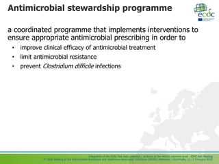 Integration of the ESAC-Net data collection / protocol at the ARHAI networks level - ESAC-Net Meeting
3rd Joint Meeting of the Antimicrobial Resistance and Healthcare-Associated Infections (ARHAI) Networks – Stockholm, 11-13 February 2015
Antimicrobial stewardship programme
a coordinated programme that implements interventions to
ensure appropriate antimicrobial prescribing in order to
• improve clinical efficacy of antimicrobial treatment
• limit antimicrobial resistance
• prevent Clostridium difficile infections
 
