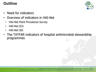 Integration of the ESAC-Net data collection / protocol at the ARHAI networks level - ESAC-Net Meeting
3rd Joint Meeting of the Antimicrobial Resistance and Healthcare-Associated Infections (ARHAI) Networks – Stockholm, 11-13 February 2015
Outline
• Need for indicators
• Overview of indicators in HAI-Net
• HAI-Net Point Prevalence Survey
• HAI-Net ICU
• HAI-Net SSI
• The TATFAR indicators of hospital antimicrobial stewardship
programmes
 