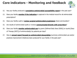 Integration of the ESAC-Net data collection / protocol at the ARHAI networks level - ESAC-Net Meeting
3rd Joint Meeting of the Antimicrobial Resistance and Healthcare-Associated Infections (ARHAI) Networks – Stockholm, 11-13 February 2015
Core indicators - Monitoring and feedback
12. Has your facility produced a cumulative antimicrobial susceptibility report in the past year?
13. Does your facility monitor if the indication is captured in the medical record for all antimicrobial
prescriptions?
14. Does your facility audit or review surgical antimicrobial prophylaxis choice and duration?
15. Are results of antimicrobial audits or reviews communicated directly with prescribers?
16. Does your facility monitor antimicrobial use by grams [Defined Daily Dose (DDD)] or counts [Days
of Therapy (DOT)] of antimicrobial(s) by patients per days?
17. Has an annual report focused on antimicrobial stewardship (summary antimicrobial use and/or
practices improvement initiatives) been produced for your facility in the past year?
 