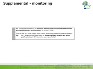 Integration of the ESAC-Net data collection / protocol at the ARHAI networks level - ESAC-Net Meeting
3rd Joint Meeting of the Antimicrobial Resistance and Healthcare-Associated Infections (ARHAI) Networks – Stockholm, 11-13 February 2015
Supplemental - monitoring
S15. Does your facility measure the percentage of antimicrobial prescriptions that are consistent
with the local treatment recommendations for either UTI or CAP?
(Core 15) Does your facility audit or review surgical antimicrobial prophylaxis choice and duration?
S16. If YES, are antimicrobial prescriptions for surgical prophylaxis compliant with facility-
specific guidelines in >80% of sampled cases in your facility?
 