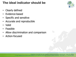 Integration of the ESAC-Net data collection / protocol at the ARHAI networks level - ESAC-Net Meeting
3rd Joint Meeting of the Antimicrobial Resistance and Healthcare-Associated Infections (ARHAI) Networks – Stockholm, 11-13 February 2015
The ideal indicator should be
• Clearly defined
• Evidence-based
• Specific and sensitive
• Accurate and reproducible
• Valid
• Feasible
• Allow discrimination and comparison
• Action-focused
 