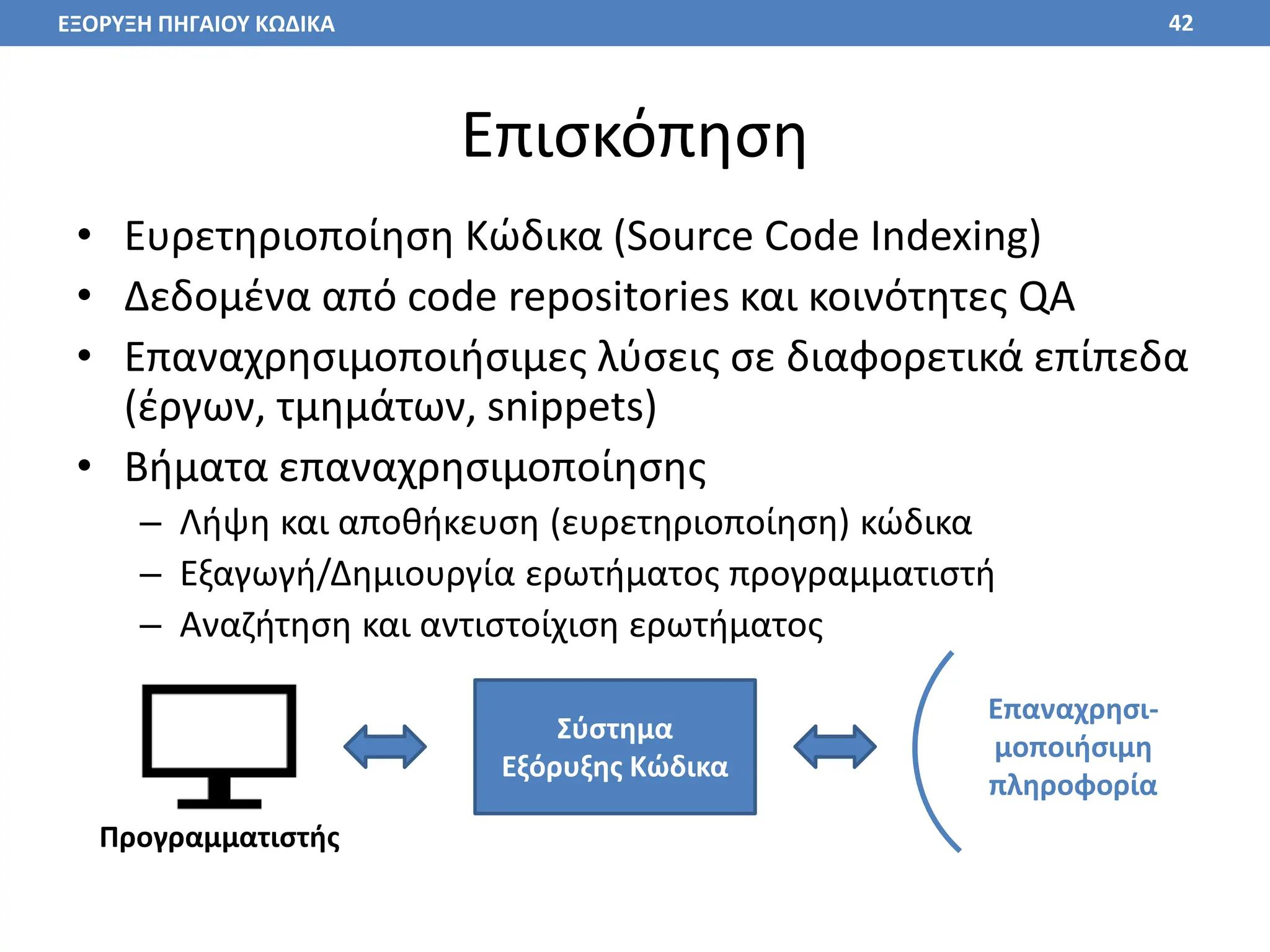 Επισκόπηση
• Ευρετηριοποίηση Κώδικα (Source Code Indexing)
• Δεδομένα από code repositories και κοινότητες QA
• Επαναχρησιμοποιήσιμες λύσεις σε διαφορετικά επίπεδα
(έργων, τμημάτων, snippets)
• Βήματα επαναχρησιμοποίησης
– Λήψη και αποθήκευση (ευρετηριοποίηση) κώδικα
– Εξαγωγή/Δημιουργία ερωτήματος προγραμματιστή
– Αναζήτηση και αντιστοίχιση ερωτήματος
42
Σύστημα
Εξόρυξης Κώδικα
Επαναχρησι-
μοποιήσιμη
πληροφορία
Προγραμματιστής
ΕΞΟΡΥΞΗ ΠΗΓΑΙΟΥ ΚΩΔΙΚΑ
 