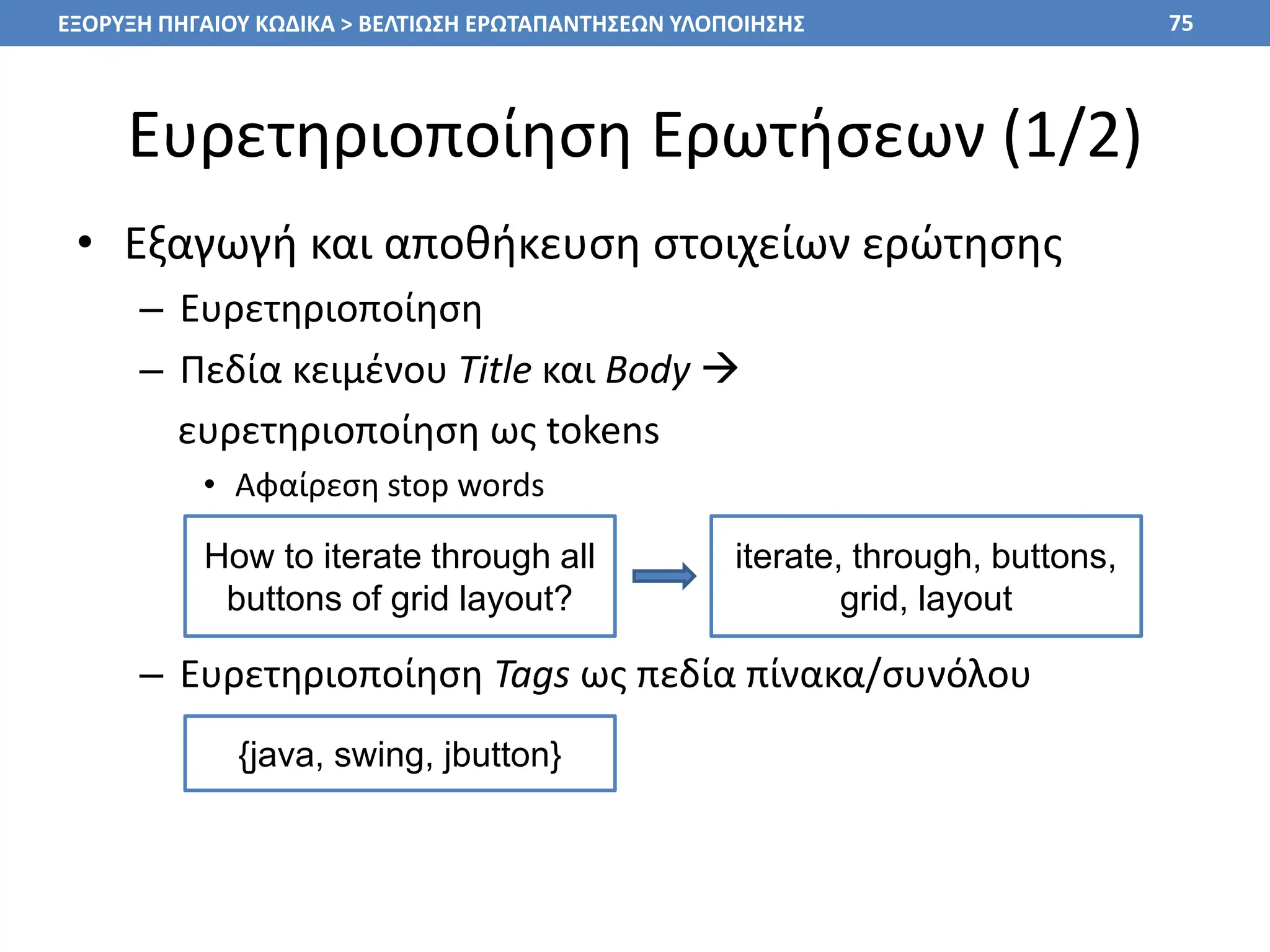 Ευρετηριοποίηση Ερωτήσεων (1/2)
• Εξαγωγή και αποθήκευση στοιχείων ερώτησης
– Ευρετηριοποίηση
– Πεδία κειμένου Title και Body 
ευρετηριοποίηση ως tokens
• Αφαίρεση stop words
– Ευρετηριοποίηση Tags ως πεδία πίνακα/συνόλου
75
How to iterate through all
buttons of grid layout?
iterate, through, buttons,
grid, layout
{java, swing, jbutton}
ΕΞΟΡΥΞΗ ΠΗΓΑΙΟΥ ΚΩΔΙΚΑ > ΒΕΛΤΙΩΣΗ ΕΡΩΤΑΠΑΝΤΗΣΕΩΝ ΥΛΟΠΟΙΗΣΗΣ
 