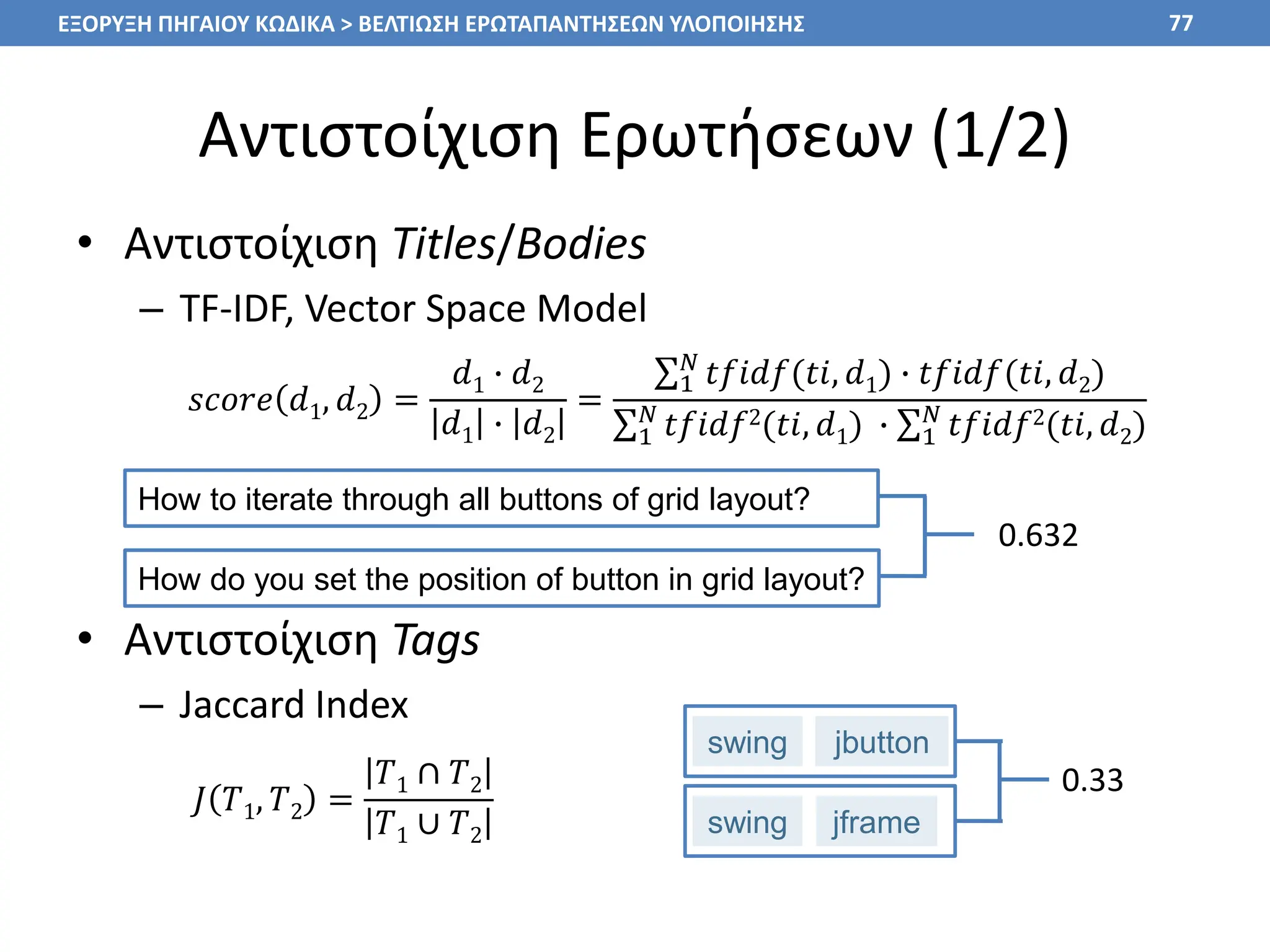Αντιστοίχιση Ερωτήσεων (1/2)
• Αντιστοίχιση Titles/Bodies
– TF-IDF, Vector Space Model
• Αντιστοίχιση Tags
– Jaccard Index
77
𝑠𝑐𝑜𝑟𝑒 𝑑1, 𝑑2 =
𝑑1 ∙ 𝑑2
𝑑1 ∙ 𝑑2
=
1
𝑁
𝑡𝑓𝑖𝑑𝑓(𝑡𝑖, 𝑑1) ∙ 𝑡𝑓𝑖𝑑𝑓(𝑡𝑖, 𝑑2)
1
𝑁
𝑡𝑓𝑖𝑑𝑓2(𝑡𝑖, 𝑑1) ∙ 1
𝑁
𝑡𝑓𝑖𝑑𝑓2(𝑡𝑖, 𝑑2)
How to iterate through all buttons of grid layout?
How do you set the position of button in grid layout?
0.632
𝐽 𝑇1, 𝑇2 =
𝑇1 ∩ 𝑇2
𝑇1 ∪ 𝑇2
swing jbutton
swing jframe
0.33
ΕΞΟΡΥΞΗ ΠΗΓΑΙΟΥ ΚΩΔΙΚΑ > ΒΕΛΤΙΩΣΗ ΕΡΩΤΑΠΑΝΤΗΣΕΩΝ ΥΛΟΠΟΙΗΣΗΣ
 