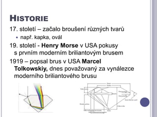 Historie17. století – začalo broušení různých tvarů např. kapka, ovál19. století - Henry Morse v USA pokusy        s prvním moderním briliantovým brusem1919 – popsal brus v USA Marcel Tolkowskiy, dnes považovaný za vynálezce moderního briliantového brusu