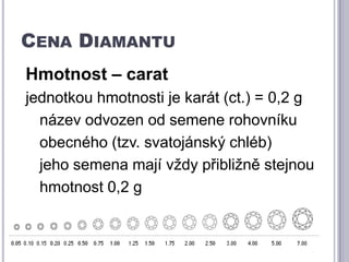 Cena DiamantuHmotnost – caratjednotkou hmotnosti je karát (ct.) = 0,2 gnázev odvozen od semene rohovníkuobecného (tzv. svatojánský chléb)jeho semena mají vždy přibližně stejnouhmotnost 0,2 g