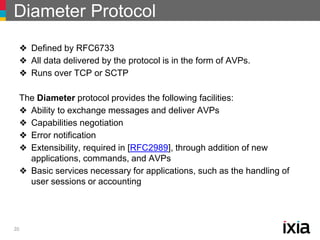 Diameter Protocol
20
❖ Defined by RFC6733
❖ All data delivered by the protocol is in the form of AVPs.
❖ Runs over TCP or ...
