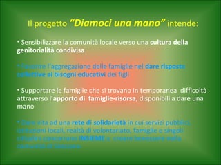 Il progetto “Diamoci una mano” intende:
• Sensibilizzare la comunità locale verso una cultura della
genitorialità condivisa
• Favorire l’aggregazione delle famiglie nel dare risposte
collettive ai bisogni educativi dei figli
• Supportare le famiglie che si trovano in temporanea difficoltà
attraverso l’apporto di famiglie-risorsa, disponibili a dare una
mano
• Dare vita ad una rete di solidarietà in cui servizi pubblici,
istituzioni locali, realtà di volontariato, famiglie e singoli
cittadini concorrano INSIEME a creare benessere nella
comunità di Stezzano

 