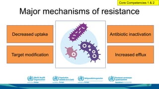 Major mechanisms of resistance
17
Target modification
Decreased uptake Antibiotic inactivation
Increased efflux
Core Competencies 1 & 2
 